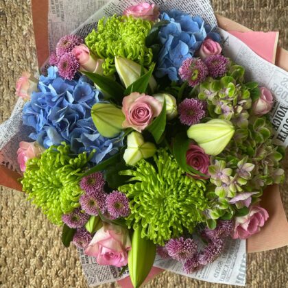 Blue, Green & Pink Hydrangea and Rose Bouquet Delivery