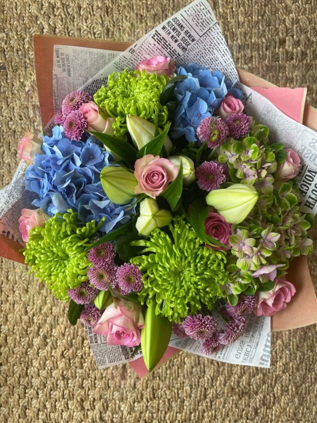 Blue, Green & Pink Hydrangea and Rose Bouquet Delivery