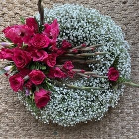 Pink  Rose and Red Gypsophila Wreath
