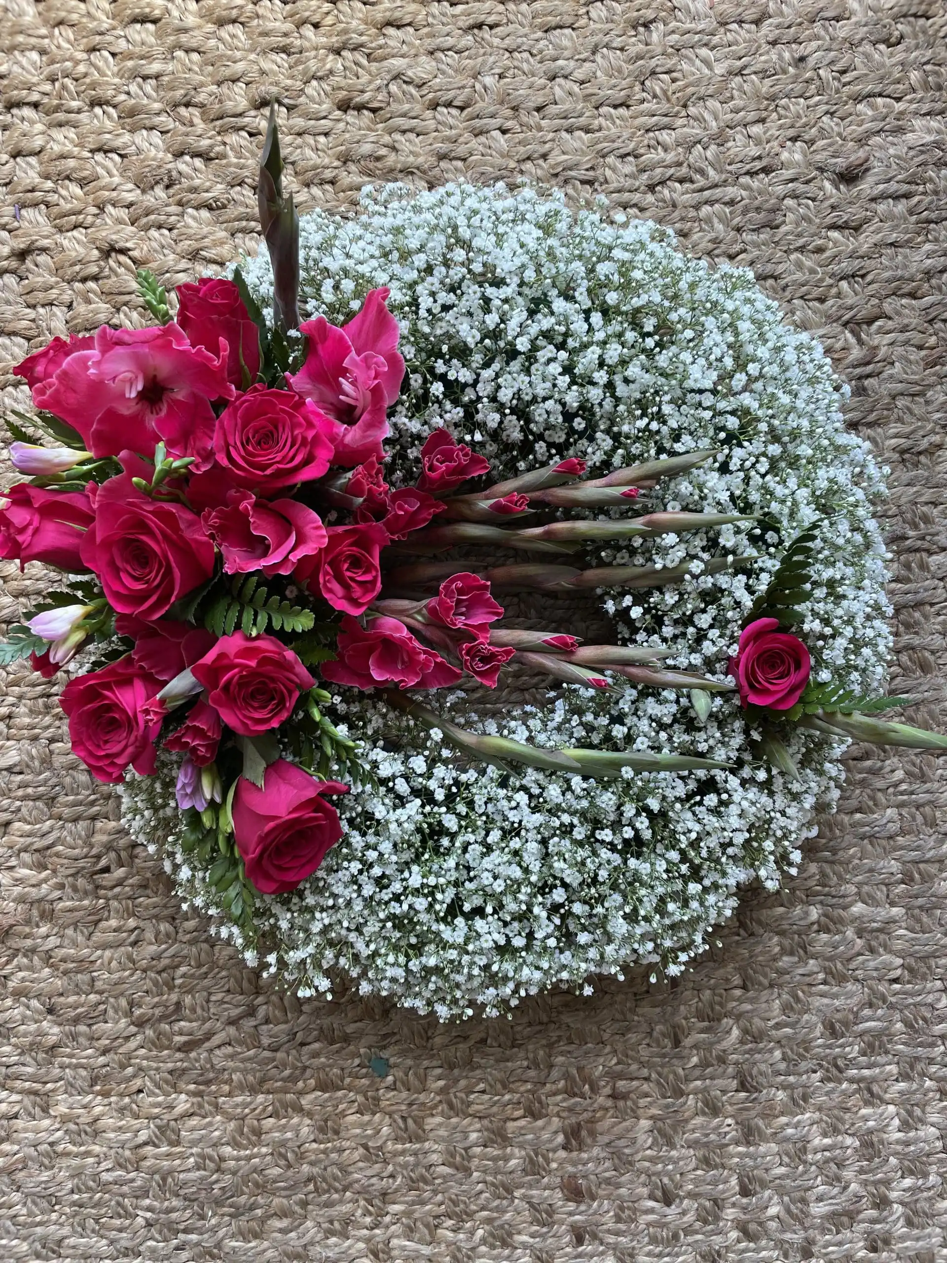 Pink Rose and Red Gypsophila Wreath 1 gypsophila wreath