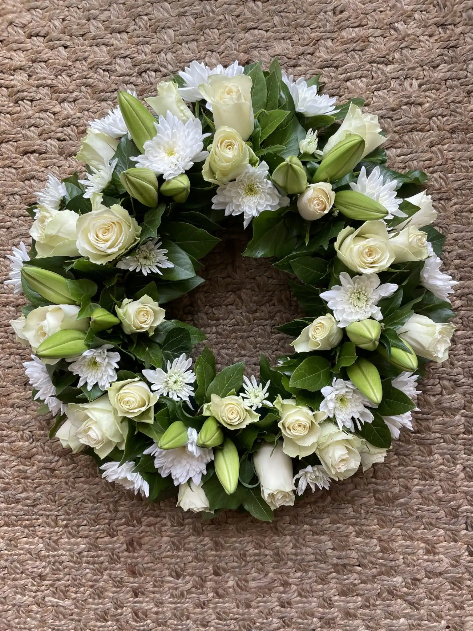 White Rose and Lily Funeral Flower Wreath 1 Pink Rose & Lily Funeral Wreath