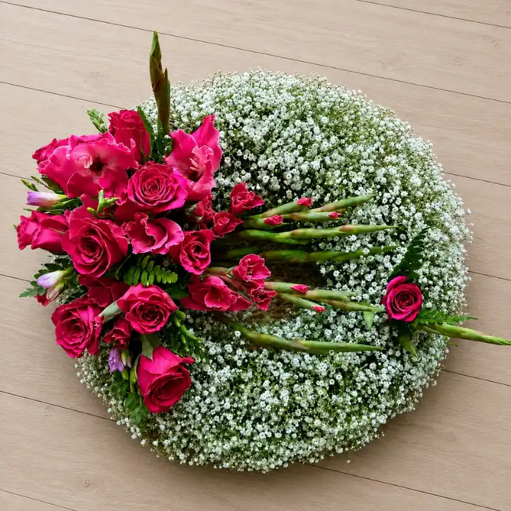 Heartfelt Hot Pink Rose & Gladiolus Wreath with Baby's Breath 1 Hot Pink Rose Gladiolus Wreath with Babys Breath