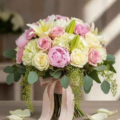 A lush peony rose bouquet featuring soft pink blooms, white lilies, and silver dollar eucalyptus tied with a silk ribbon.