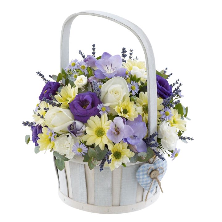 New Baby Boy Flowers and Gifts Basket 1 Flowers for new Baby Boy basket featuring purple roses, yellow daisies, and lavender in a white wicker basket.