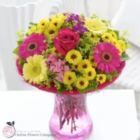 Yellow and Pink Gerberas Bouquet with Roses