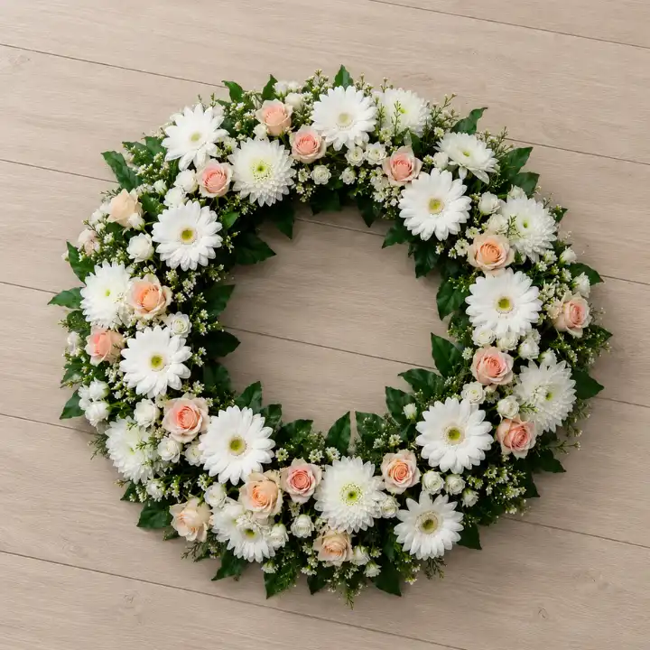 White Gerbera & Chrysanthemum Funeral Wreath With Peach Rose 1 White Gerbera & Chrysanthemum Funeral Wreath With Peach Rose