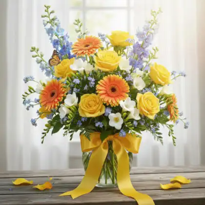 A vibrant Bouquet of Flowers With Butterflies showcasing colorful blossoms and delicate winged insects in a natural arrangement.