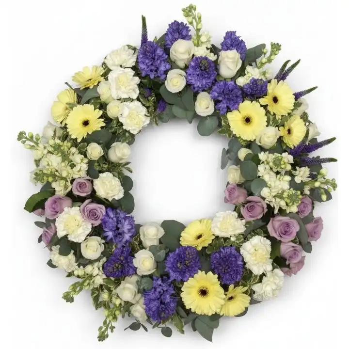 Elegant Sympathy Floral Funeral Wreath 1 A beautiful floral wreath funeral arrangement featuring fresh lavender and roses to honor a loved one's memory.