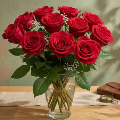 A luxury 10 roses bouquet featuring deep red petals and elegant greenery arranged in a modern wrap.