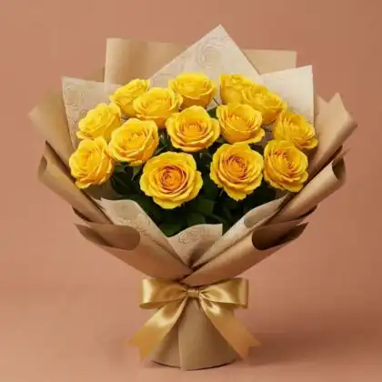 A vibrant hand-tied bouquet featuring 10 yellow rose stems wrapped in elegant craft paper.