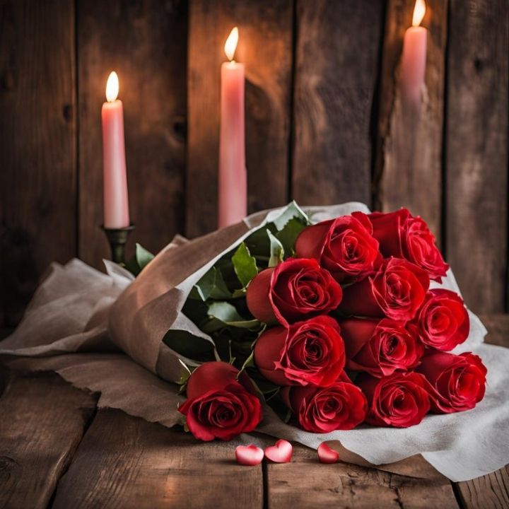 11 Red Roses Bouquet 1 A beautiful 11 red roses bouquet wrapped in rustic paper on a wooden table with romantic candles.