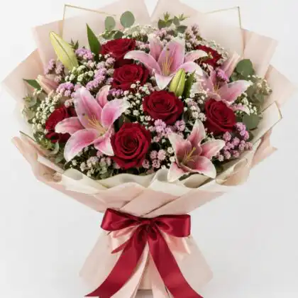 12 red roses with gypsophila