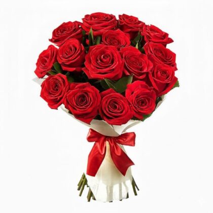 Handcrafted 15 red roses bouquet with white baby's breath and green eucalyptus leaves for a romantic gift.