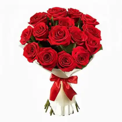 Handcrafted 15 red roses bouquet with white baby's breath and green eucalyptus leaves for a romantic gift.