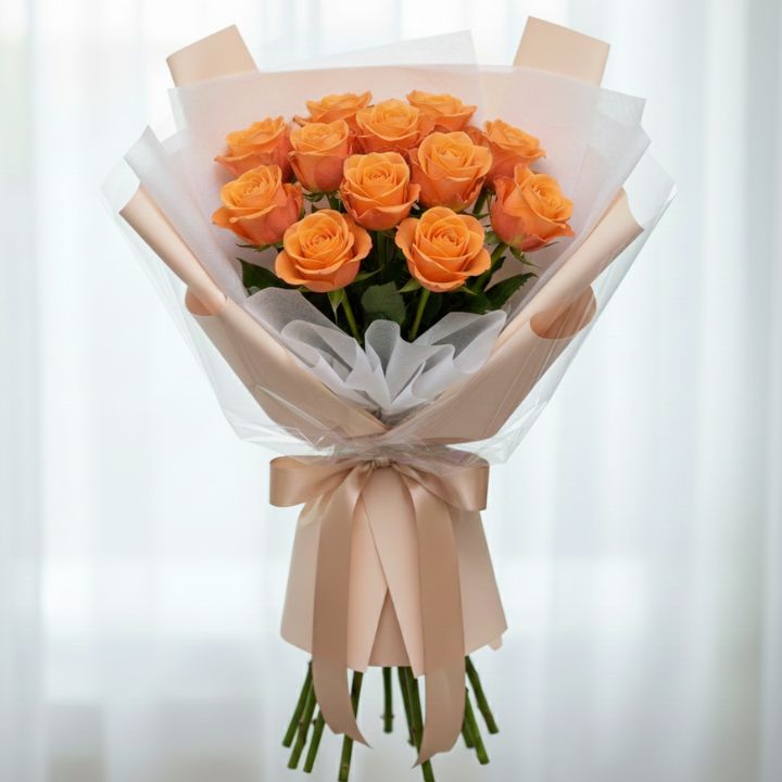 Premium 18 Orange Rose Bouquet 1 A hand-tied 18 orange rose bouquet wrapped in elegant peach paper with a silk ribbon.