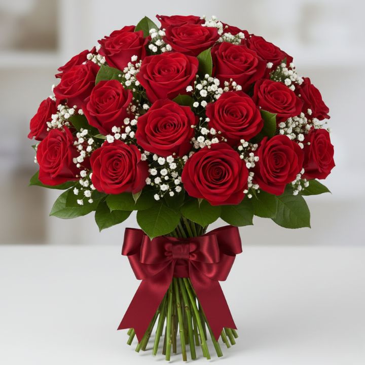 20 Roses Bouquet 1 A vibrant 20 roses bouquet of deep red blooms accented with white baby's breath and tied with a satin crimson bow.