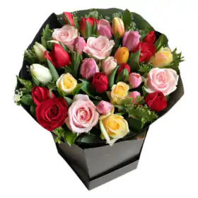 Multicolor Roses, Tulips Flower Bouquet