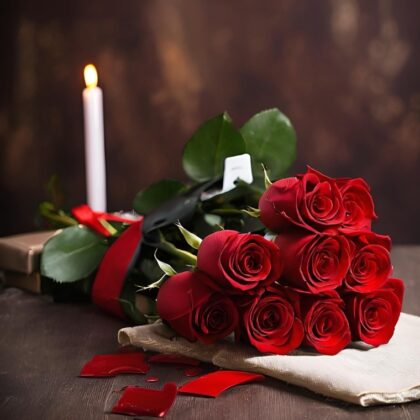 A beautiful 9 red roses bouquet wrapped in rustic paper set against a warm candlelit wooden background.