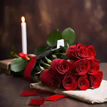 A beautiful 9 red roses bouquet wrapped in rustic paper set against a warm candlelit wooden background.