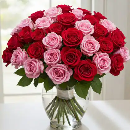 "International Women’s Day Red and Pink Rose Bouquet - Elegant floral arrangement featuring red and pink roses"