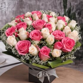 Luxury Pink and White Roses Bouquet in Gift Box