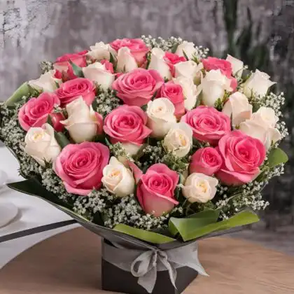 Stunning Bridal Bouquet Pink and White Roses arrangement in a black gift box, ideal for a luxury wedding or engagement presentation.