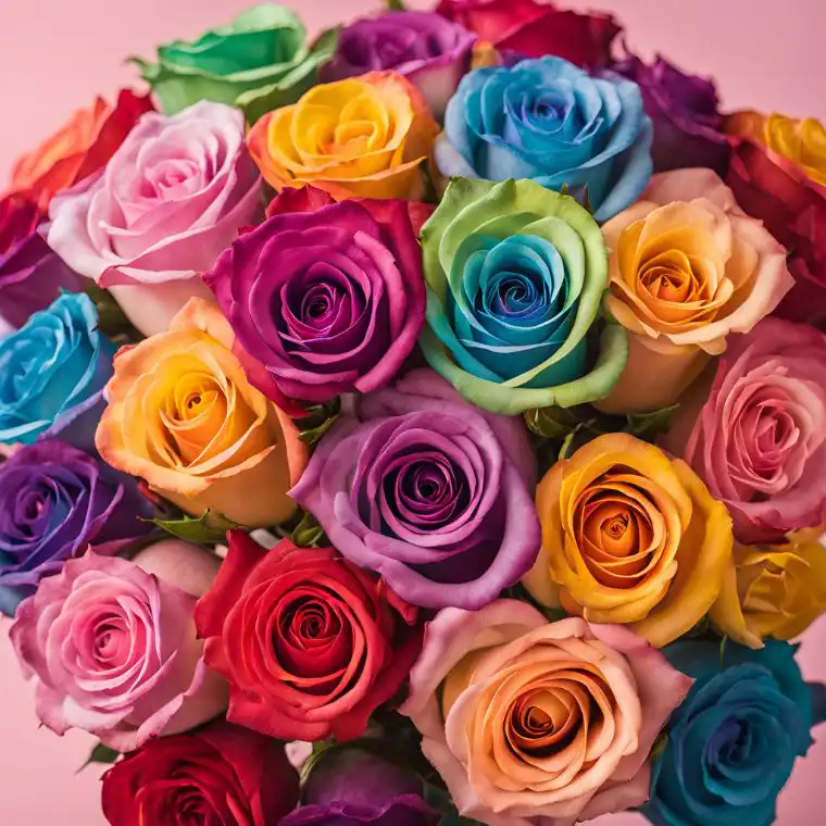 Hand-Tied Luxury Bouquet of Rainbow Roses 2 Rainbow roses, a vibrant gift for International Women's Day.