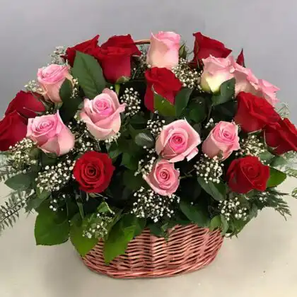 Red and Pink flowers for women's day in Basket
