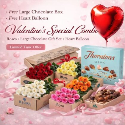 Valentine Combo Gift – 12 Roses With Free Chocolate & Balloons
