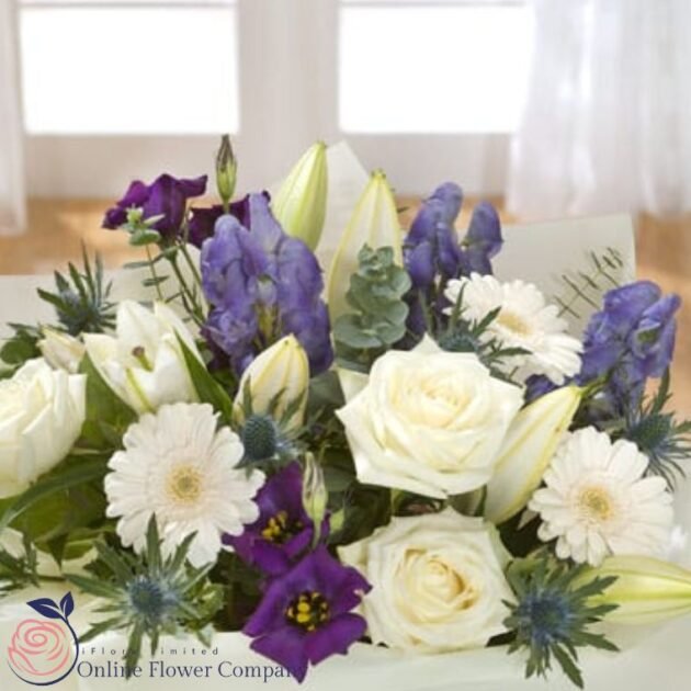 White and purple bouquet special offer - elegant floral arrangement at a discounted price.