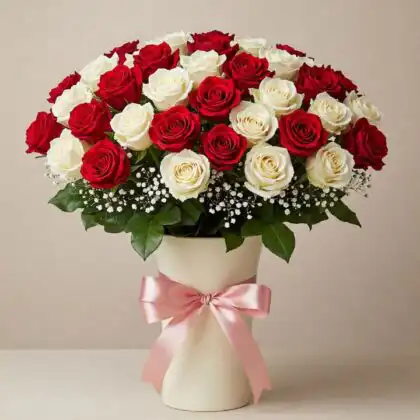 A hand-tied bouquet featuring beautiful red and white roses arranged with fresh green foliage.
