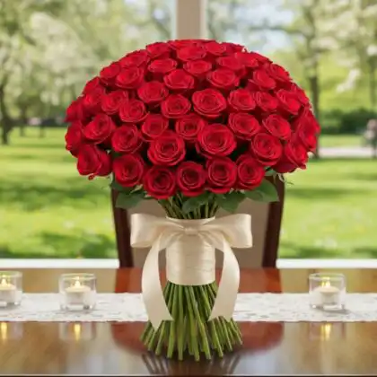 A luxury hand-tied bouquet of 50 red roses wrapped in a cream silk ribbon on a blurred interior background.