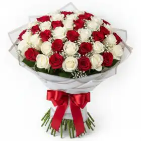 Red and White Rose Bouquet with gypsophila