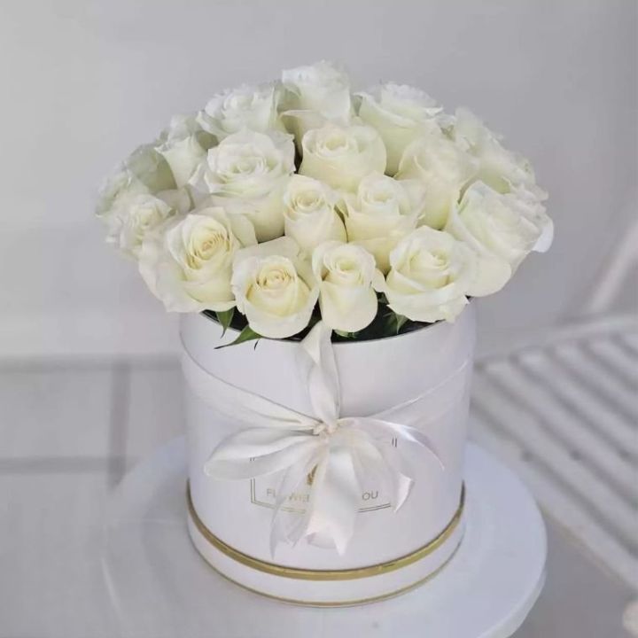 The Luxe White Dome Bouquet 1 A luxury dome shaped bouquet roses white arranged in a minimalist white hatbox with a silk ribbon.