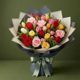 Multicolor Roses, Tulips Flower Bouquet