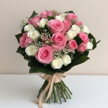 A handcrafted bouquet of white and pink roses tied with a satin ribbon, showcasing fresh blooms and green foliage.