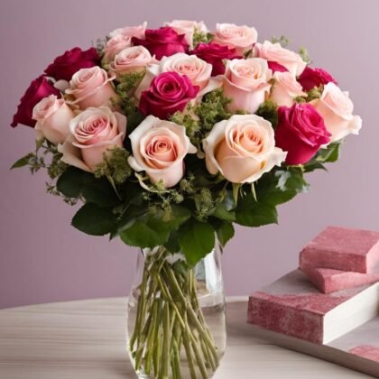 A lush luxury bouquet featuring soft pink and magenta roses arranged in a clear glass vase with roses foliage.