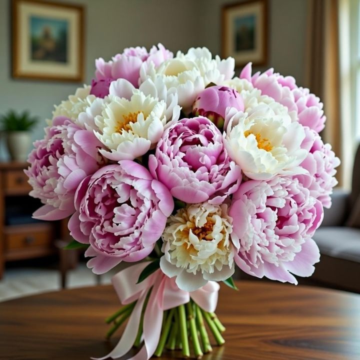 Luxury Hand-Tied Bouquet of Pink & White Peonies 1 A vibrant luxury peony bouquet featuring soft pink and creamy white blossoms arranged in a glass vase.