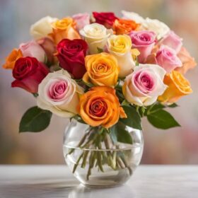 Sunset Harvest: Multi-Color Rose in a Glass Vase