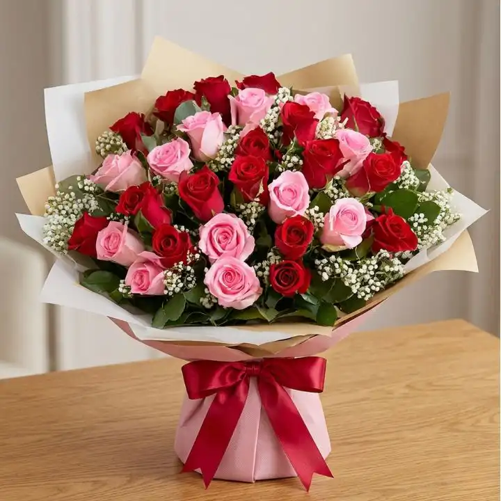 Blissful Pink & Red Roses Burst 1 A hand-tied pink and red roses bouquet wrapped in premium paper for a romantic gift.