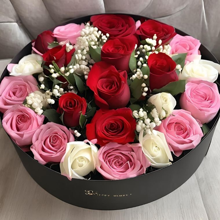 Premium Flower Box With Red Pink and White Rose 1 A luxury Rose Flower Box featuring fresh red, pink, and white roses accented with baby's breath in a black box.