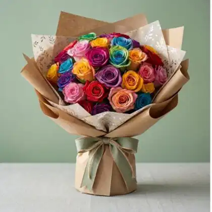 Vibrant rainbow roses bouquet wrapped in premium kraft paper with a sage green ribbon and gift tag.