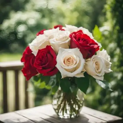 Hand-tied red and white bouquet of roses accented with fresh green eucalyptus leaves in a luxury wrap.