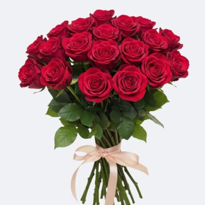 A handcrafted red bouquet of roses tied with a soft pink ribbon against a clean white background.