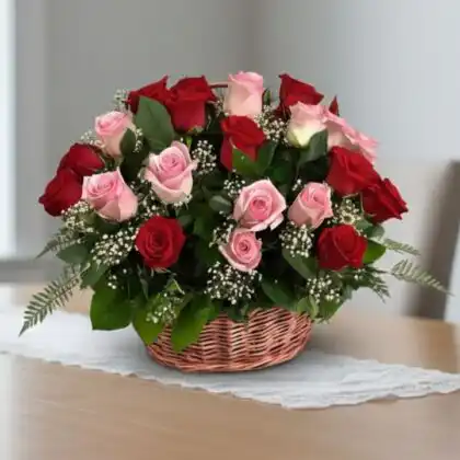 A beautifully arranged red rose basket featuring fresh blooms and lush greenery for a romantic gesture.