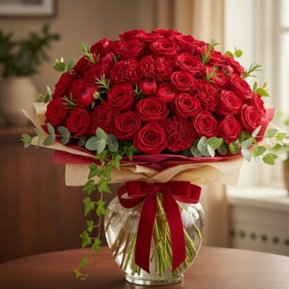A dense luxury red roses bouquet 100 arrangement featuring fresh crimson blossoms, eucalyptus leaves, and a red velvet ribbon.