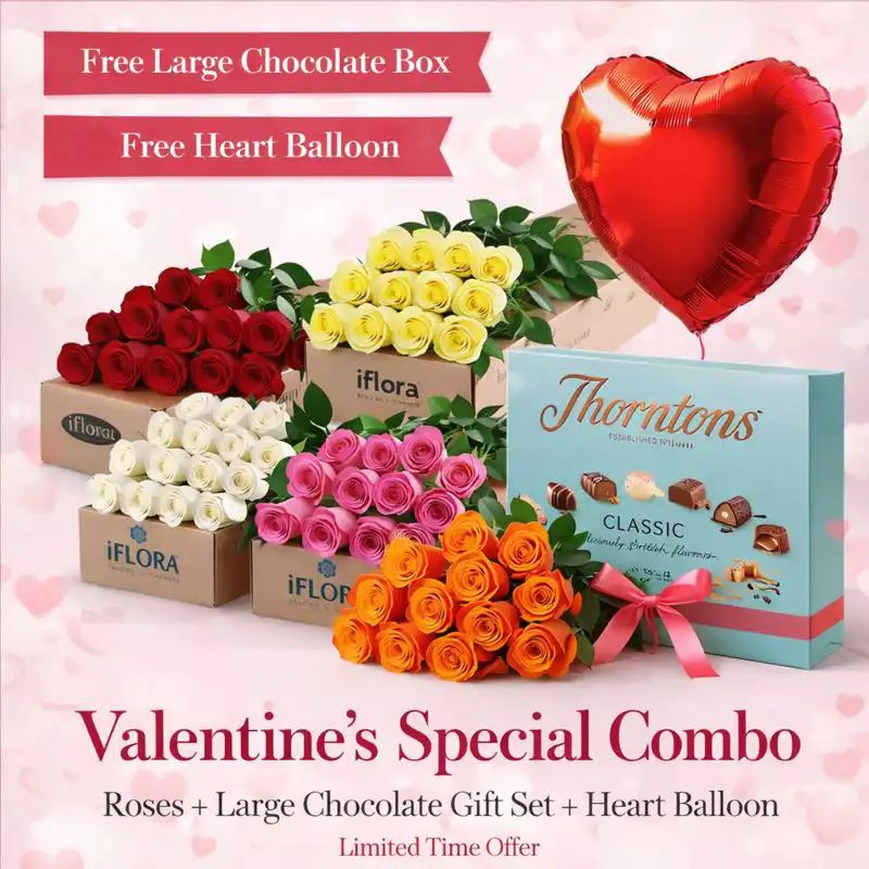 Valentine Combo Gift – 12 Roses With Free Chocolate & Balloons