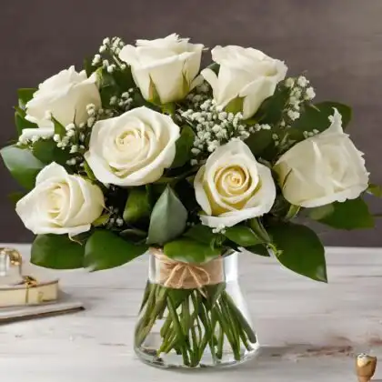 A fresh white rose and gypsophila bouquet arranged in a clear glass vase with a burlap ribbon.