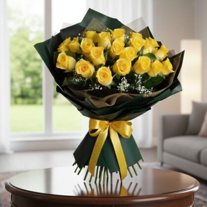 Hand-tied 1 dozen yellow roses bouquet wrapped in premium dark green paper with a golden satin ribbon.