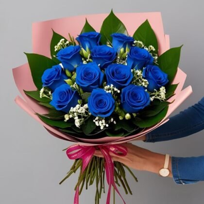 12 Blue Rose Mother's Day flower bouquet delivery - Hand tied in women's hand.